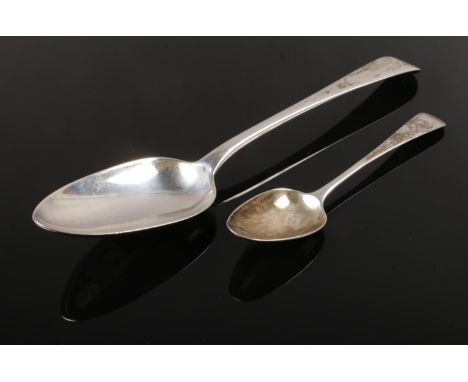 A George III silver spoon, assayed London 1796, possibly by Richard Crossley, along with a Georgian teaspoon.  