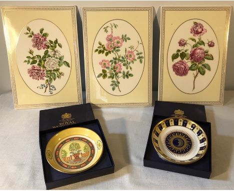 Royal Worcester Rose collection plaques and 2 Royal Worcester pin dishes, 'Versailles' and 'Celebration 2001'