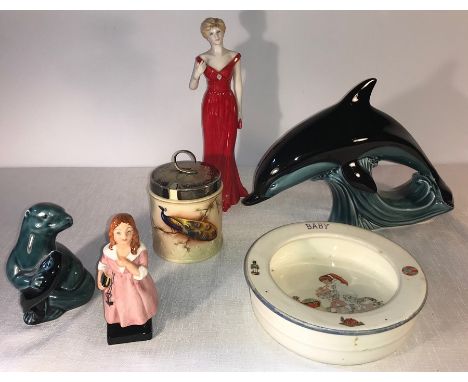 Six pieces of various ceramics including Royal Doulton ‘Little Nell’, Poole Otter, Poole Dolphin, Royal Worcester, To celebra