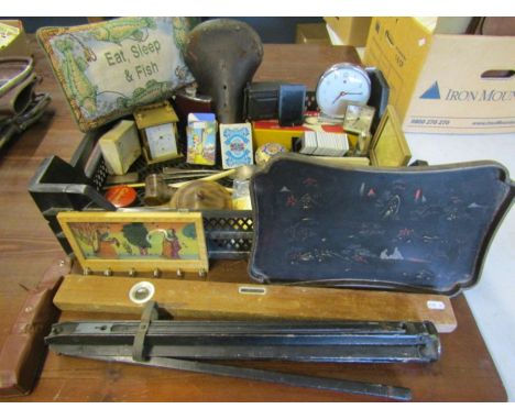 Collectors lot to include a pipe, clocks, bone glove stretcher, tripod, vintage spirit level, cards etc etc