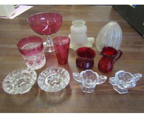 Glassware to include cranberry glass and 2 vintage glass light shades