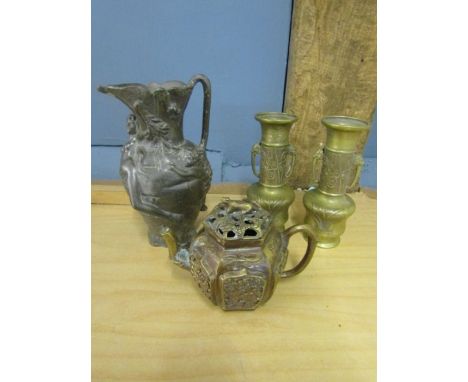 Signed metal jug, pair of bronze vases and a small bronze Japanese potpourri in the form of a teapot