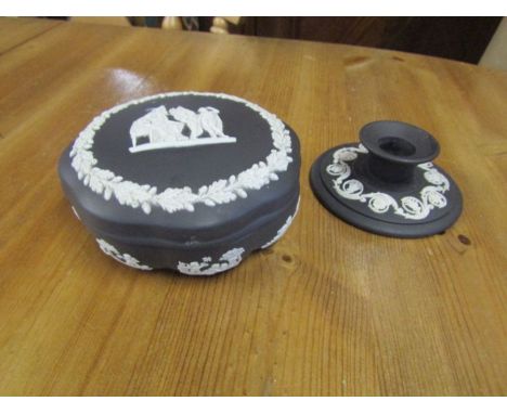 Wedgewood Jasperware black trinket box and candle stick holder 