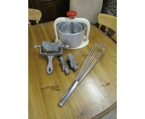 Vintage David Fulton of Glasgow pastry roller disc cutter, Tala meat press and Wirax balloon whisk 