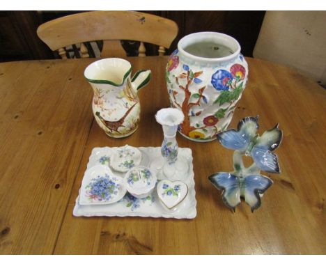 Ceramic dressing table set, hand painted English vase and butterfly figurine etc