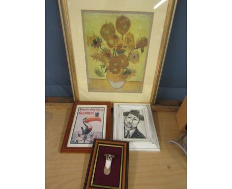  Charcoal portrait, Guiness print, Van Gough sunflower print and a 3d greyhound head in frame     ''After Modigliani 2 charco