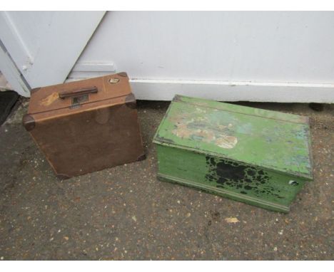 Painted pine trunk and vintage suitcase . Trunk H30cm W63cm D34cm approx 