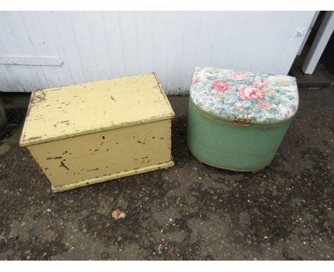 Painted pine trunk and Lloyd Loom style storage box 