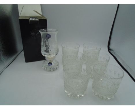 Six cut glass tumblers (one has slight damage to rim) and a boxed Stuart crystal  cascade mini candle lamp (has a chip to rim