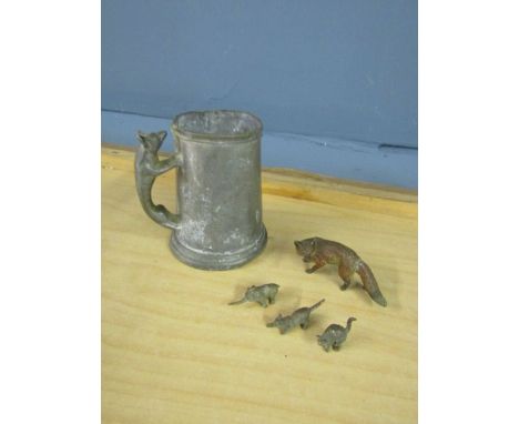 Cold painted bronze fox, 3 small metal animals(maybe cold painted bronze) and pewter tankard with fox handle.