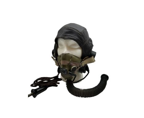 British RAF Flying Helmet complete with AM marked headphones and wiring loom with jack plug, with oxygen mask 