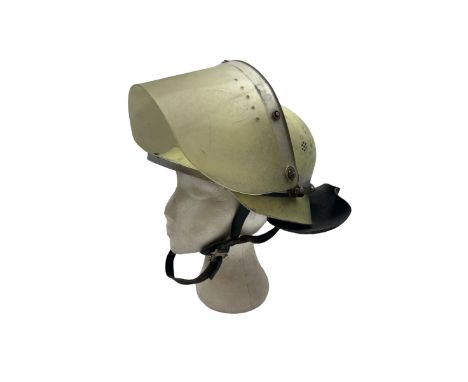 German fireman's helmet, circa 1950/60s, with visor and leather neck guard with leather lining marked 56-61