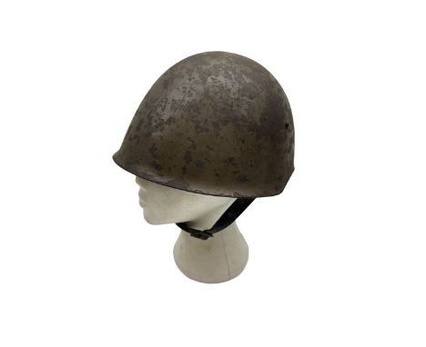 WWII Portuguese steel M1940 combat helmet with original leather liner and strap, D23cm  