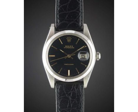 A GENTLEMAN'S STAINLESS STEEL ROLEX OYSTERDATE PRECISION WRIST WATCHDATED 1981, REF. 6694 WITH BLACK SUNBURST DIAL, ACCOMPANI
