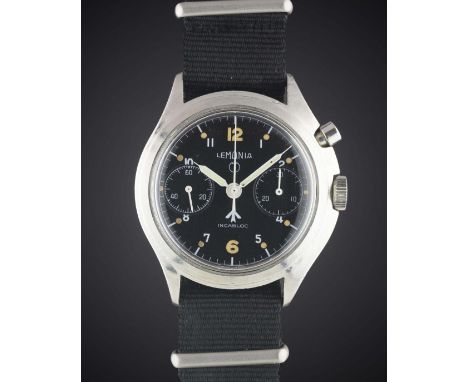 A GENTLEMAN'S STAINLESS STEEL UNISSUED BRITISH MILITARY LEMANIA SINGLE BUTTON CHRONOGRAPH WRIST WATCH CIRCA 1960s Movement: 1