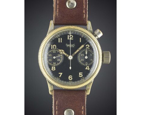 A GENTLEMAN'S GERMAN MILITARY HANHART LUFTWAFFE PILOTS SINGLE BUTTON CHRONOGRAPH WRIST WATCHCIRCA 1940 Movement: 17J, manual 