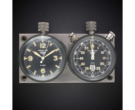 A RARE HEUER DOUBLE DASHBOARD SET CIRCA 1960s, CONSISTING OF A MASTER-TIME 8 DAYS TIMEPIECE AND A MONTE CARLO TIMER BOTH MARK