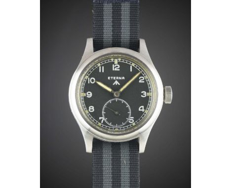 A GENTLEMAN'S STAINLESS STEEL BRITISH MILITARY ETERNA W.W.W. WRIST WATCH CIRCA 1940s, PART OF THE "DIRTY DOZEN", WITH MOD DIA