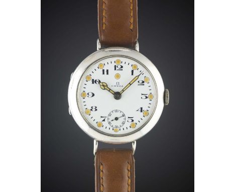 A GENTLEMAN'S SOLID SILVER OMEGA "OFFICERS" WRIST WATCH CIRCA 1918, ENAMEL DIAL WITH LARGE LUME PLOTS & CATHEDRAL HANDSMoveme