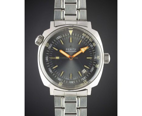 A RARE GENTLEMAN'S STAINLESS STEEL ZENITH SUPER SUB SEA AUTOMATIC DIVERS BRACELET WATCH CIRCA 1969, REF. A3635 WITH ZENITH BO