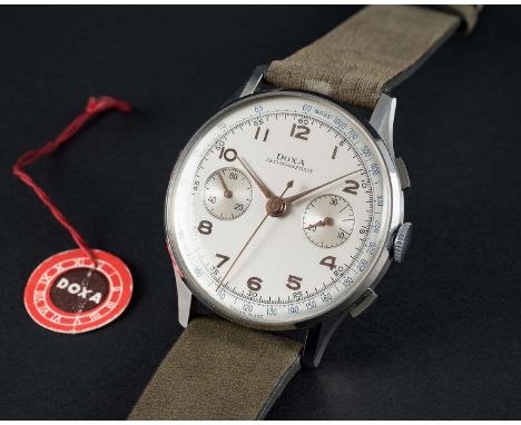 A RARE GENTLEMAN'S "NOS" LARGE SIZE STAINLESS STEEL DOXA CHRONOGRAPH WRIST WATCHCIRCA 1940s, WITH ORIGINAL DOXA TAG (NUMBERED