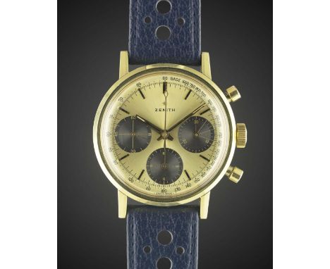 A GENTLEMAN'S GOLD CAPPED ZENITH CHRONOGRAPH WRIST WATCH CIRCA 1960s, WITH "GOLDEN PANDA" DIAL Movement: Manual wind, cal. 14