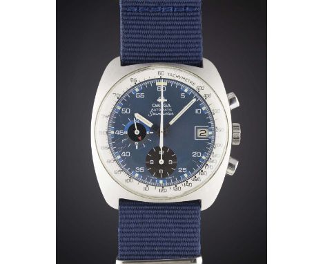 A GENTLEMAN'S STAINLESS STEEL OMEGA SEAMASTER AUTOMATIC CHRONOGRAPH WRIST WATCH CIRCA 1977, REF. 176.007 WITH BLUE DIALMoveme