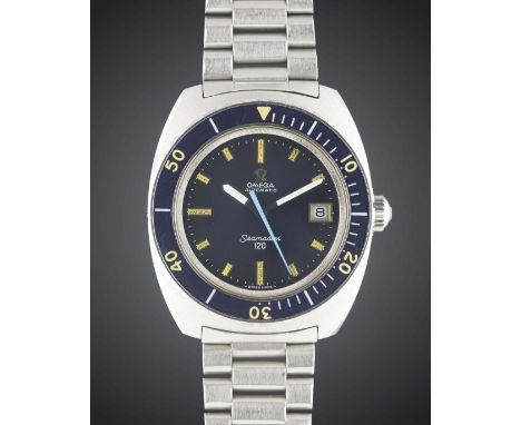 A RARE GENTLEMAN'S STAINLESS STEEL OMEGA SEAMASTER 120 BRACELET WATCH CIRCA 1973, REF. 166.088 WITH BLUE DIAL & BEZELMovement