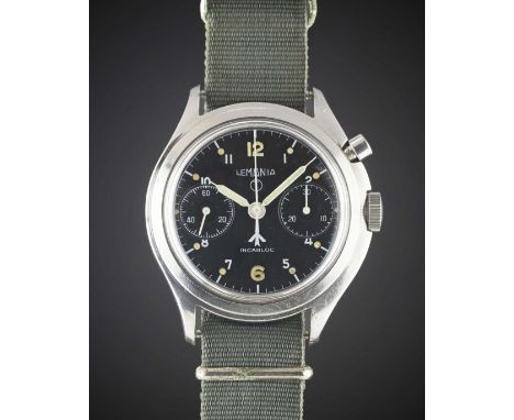 A GENTLEMAN'S STAINLESS STEEL BRITISH MILITARY LEMANIA SINGLE BUTTON ROYAL NAVY CHRONOGRAPH WRIST WATCH DATED 1965Movement: 1