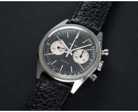 A RARE GENTLEMAN'S STAINLESS STEEL OMEGA DE VILLE CHRONOGRAPH WRIST WATCH CIRCA 1974, REF. 145.017 WITH BRUSHED GREY REVERSE 