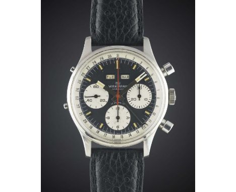 A GENTLEMAN'S STAINLESS STEEL WAKMANN TRIPLE CALENDAR CHRONOGRAPH WRIST WATCH CIRCA 1960s, REF. 71.1309.70Movement: 17J, manu