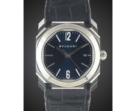 A GENTLEMAN'S STAINLESS STEEL BULGARI OCTO WRIST WATCH CIRCA 2017, REF. BGO 38 S WITH BLUE DIAL Movement: 26J, automatic, cal