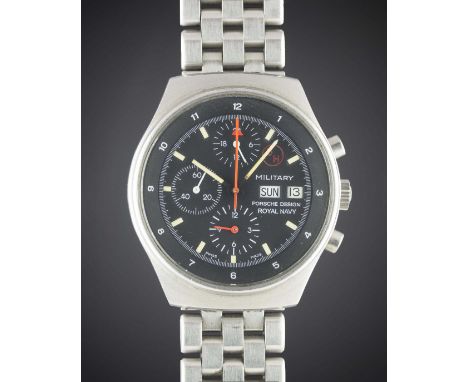 A RARE GENTLEMAN'S STAINLESS STEEL PORSCHE DESIGN ROYAL NAVY AUTOMATIC MILITARY CHRONOGRAPH BRACELET WATCH CIRCA 1980, REF. 7