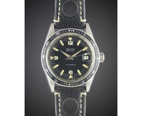 A GENTLEMAN'S STAINLESS STEEL VERTEX REVUE AUTOMATIC DIVERS WRIST WATCH CIRCA 1960s, WITH GLOSS BLACK DIALMovement: 21J, auto