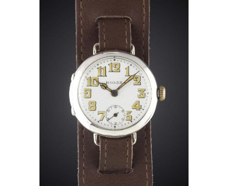 A GENTLEMAN'S SOLID SILVER ROLEX OFFICERS WRIST WATCH CIRCA 1918, WITH ENAMEL DIAL & CATHEDRAL HANDSMovement: Manual wind, si