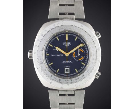 A GENTLEMAN'S STAINLESS STEEL HEUER CALCULATOR AUTOMATIC CHRONOGRAPH BRACELET WATCH CIRCA 1970s, REF. 150.633 WITH BLUE DIALM