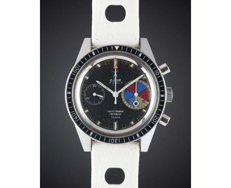A GENTLEMAN'S STAINLESS STEEL LEJOUR YACHTINGRAF CHRONOGRAPH WRIST WATCH CIRCA 1968, WITH FRANCE-SIGNED DIALMovement: 17J, ma