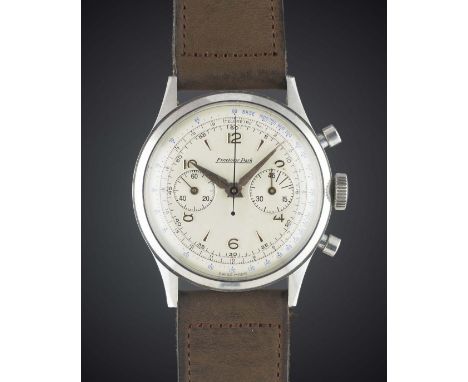 A RARE GENTLEMAN'S LARGE SIZE STAINLESS STEEL EXCELSIOR PARK "WATERPROOF" CHRONOGRAPH WRIST WATCH CIRCA 1940s, WITH ROSE GOLD