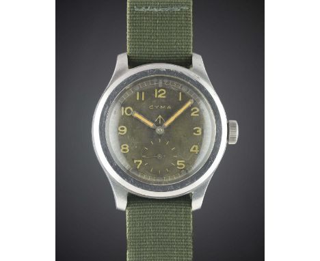 A GENTLEMAN'S STAINLESS STEEL BRITISH MILITARY CYMA W.W.W. WRIST WATCH CIRCA 1940s, WITH "TROPICAL" DIAL, PART OF THE "DIRTY 