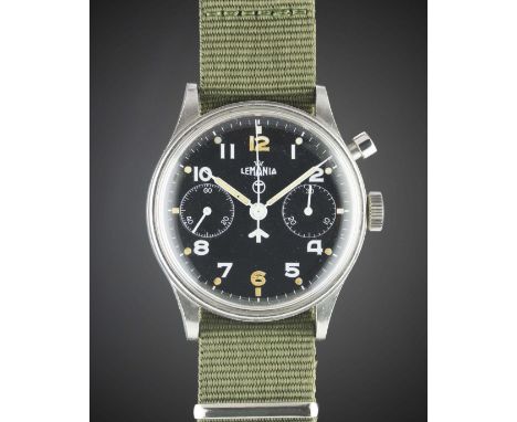 A RARE GENTLEMAN'S STAINLESS STEEL BRITISH MILITARY LEMANIA SINGLE BUTTON ROYAL NAVY PILOTS CHRONOGRAPH WRIST WATCH CIRCA 195