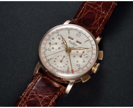 A VERY RARE GENTLEMAN'S 18K SOLID PINK GOLD BREITLING DATORA TRIPLE CALENDAR CHRONOGRAPH WRIST WATCH CIRCA 1950, REF. 785D KN