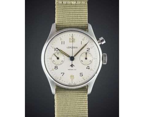 A GENTLEMAN'S STAINLESS STEEL BRITISH MILITARY LEMANIA SINGLE BUTTON ROYAL NAVY CHRONOGRAPH WRIST WATCH CIRCA 1940s, FIRST SE