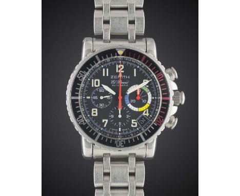 A GENTLEMAN'S STAINLESS STEEL ZENITH EL PRIMERO RAINBOW FLYBACK CHRONOGRAPH BRACELET WATCHCIRCA 1990s, REF. 02.0480.405 WITH 