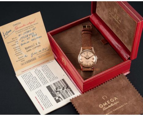 A FINE GENTLEMAN'S 18K SOLID PINK GOLD OMEGA CONSTELLATION AUTOMATIC CHRONOMETER CALENDAR WRIST WATCH DATED 1961, REF. 14393/