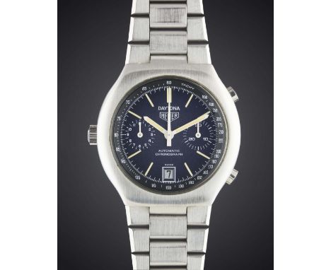 A GENTLEMAN'S STAINLESS STEEL HEUER DAYTONA AUTOMATIC CHRONOGRAPH BRACELET WATCH CIRCA 1977, REF. 110.203.B WITH MIDNIGHT BLU