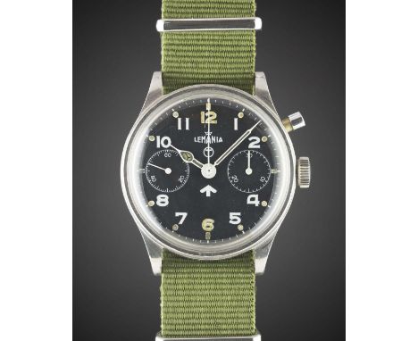 A GENTLEMAN'S STAINLESS STEEL BRITISH MILITARY LEMANIA SINGLE BUTTON ROYAL NAVY CHRONOGRAPH WRIST WATCH CIRCA 1950s, SECOND S