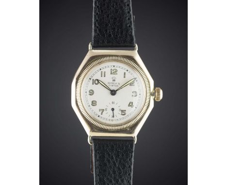 A GENTLEMAN'S 9CT SOLID GOLD ROLEX OYSTER OCTAGONAL WRIST WATCHCIRCA 1930sMovement: 15J, manual wind 'Extra Prima', signed Ro