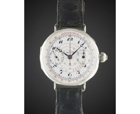 A RARE GENTLEMAN'S LARGE SIZE SOLID SILVER ZENITH MONOPUSHER PILOTS CHRONOGRAPH WRIST WATCH CIRCA 1920s, ENAMEL DIAL WITH BRE