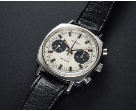 A VERY RARE GENTLEMAN'S STAINLESS STEEL LONGINES CONQUEST FLYBACK CHRONOGRAPH WRIST WATCH CIRCA 1970, REF. 1543-1 WITH "PANDA