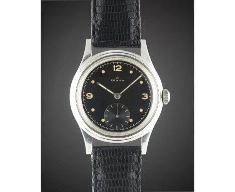 A RARE GENTLEMAN'S STAINLESS STEEL ZENITH "WATERPROOF" WRIST WATCH CIRCA 1950, WITH GLOSS BLACK GILT CHAPTER RING DIAL & STEP